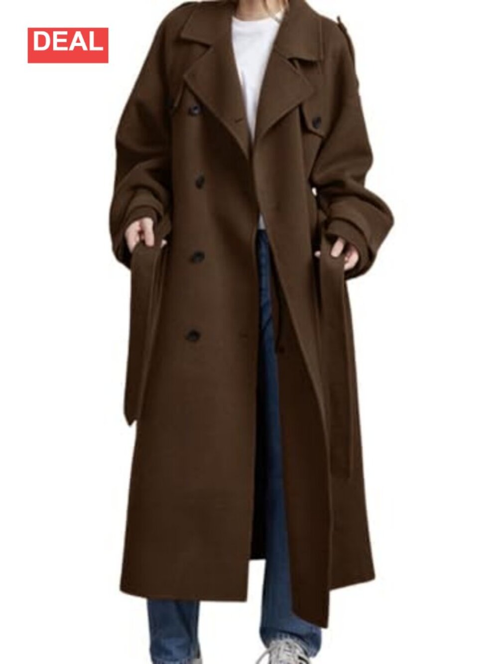 Women's Double Breasted Wool Blend Pea Coat Belted Midi Winter Trench Coat